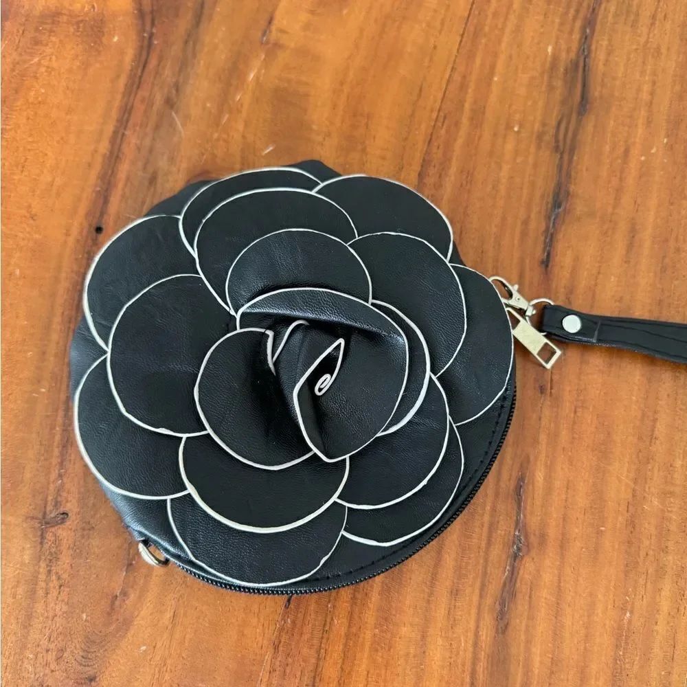 Black Floral pleather Clutch wristlet or crossbody